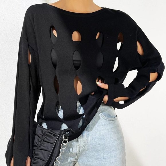 . Sweaters - Black Preppy Womens Cut Out Drop Shoulder Sweater